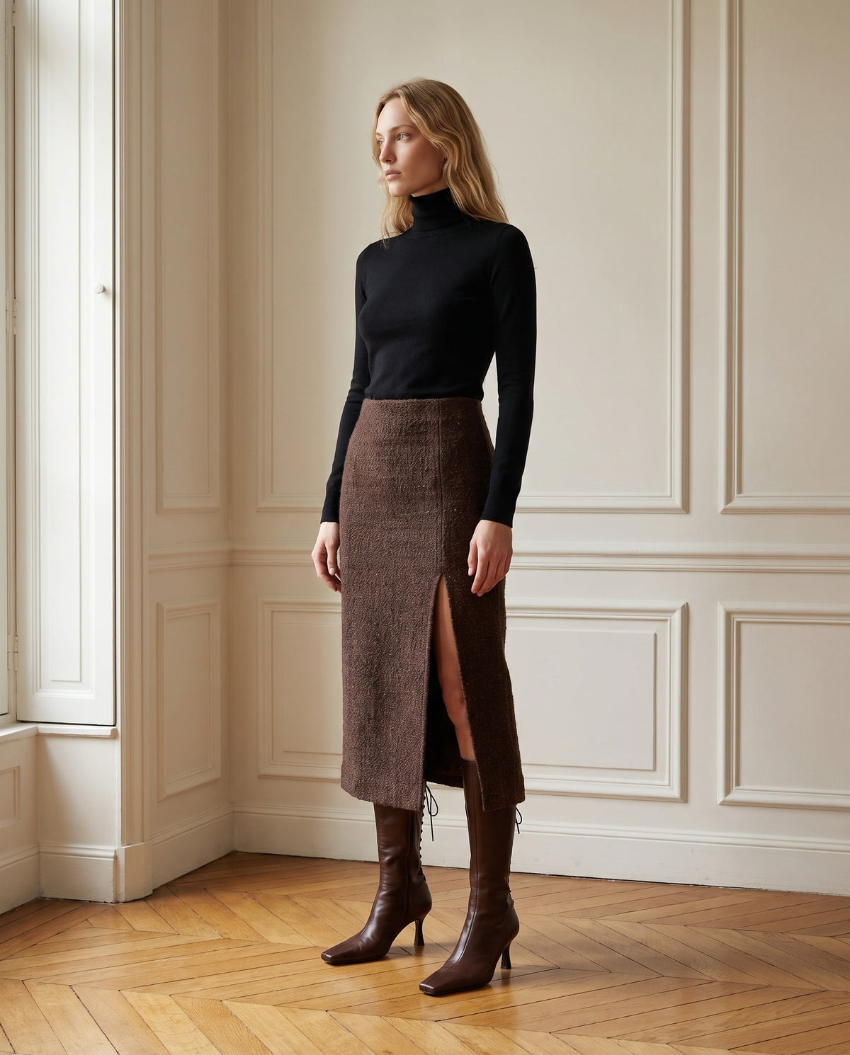 TWEED BRUN SKIRT MIDI - virgin wool boucle midi skirt in chocolate praline, front