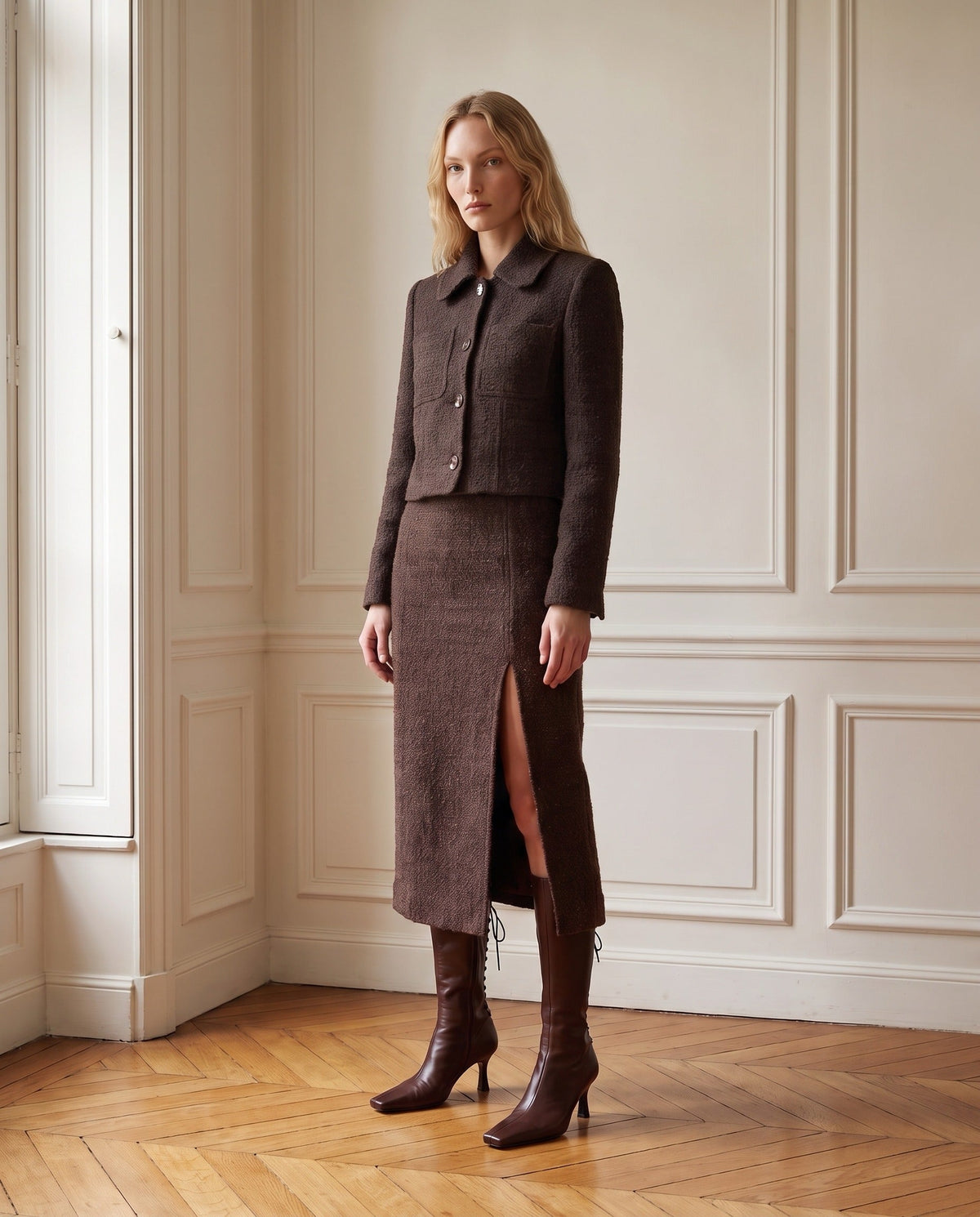 TWEED BRUN SKIRT MIDI - worn with the TWEED BRUN jacket