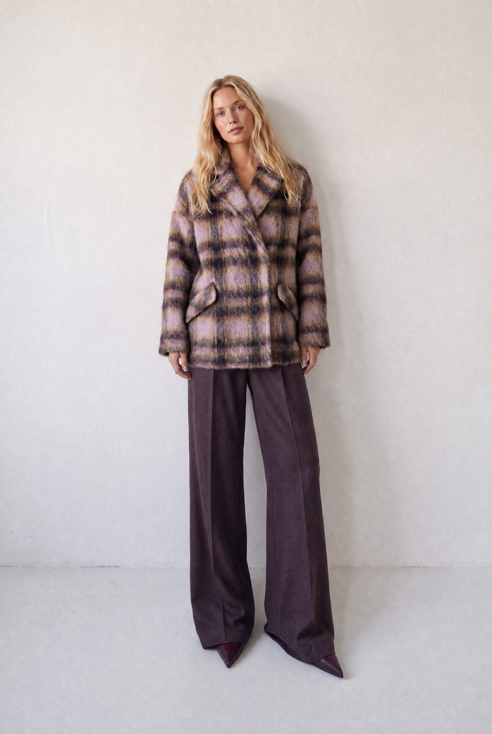 BARBARA JACKET HEATHER - oversized alpaca and mohair check jacket in caramel, violet and lilac