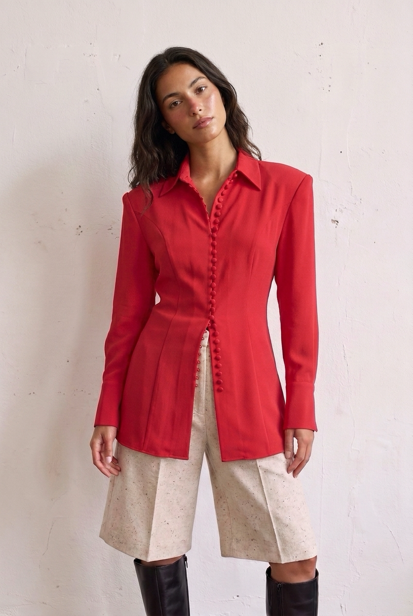 BOUTONNÉE SHIRT ÉCARLATE - scarlet rayon shirt with a close row of fabric-covered buttons