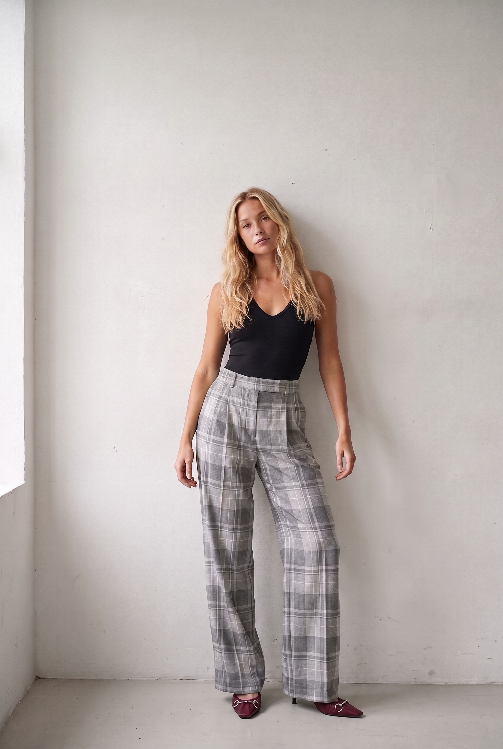 CASSADE TROUSERS TARTAN GRIS - grey wool check wide-leg trousers with a high rise and pressed crease