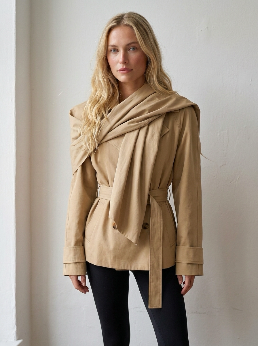ECHARPE TRENCH JACKET CAMEL - scarf worn open like a cape
