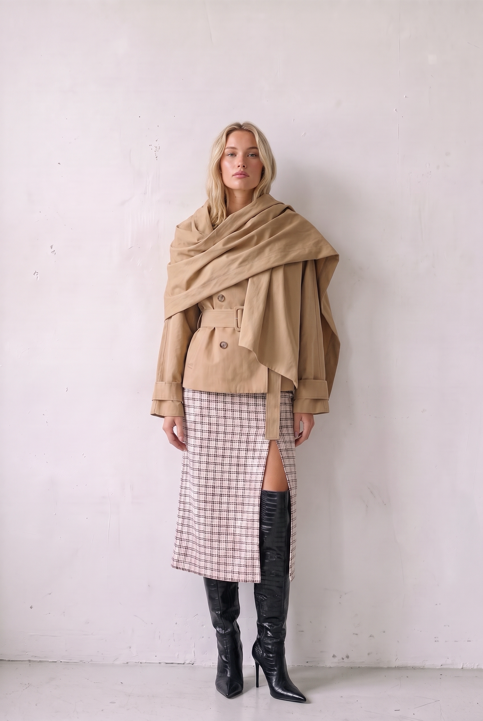 ECHARPE TRENCH JACKET CAMEL - scarf draped asymmetrically over one shoulder