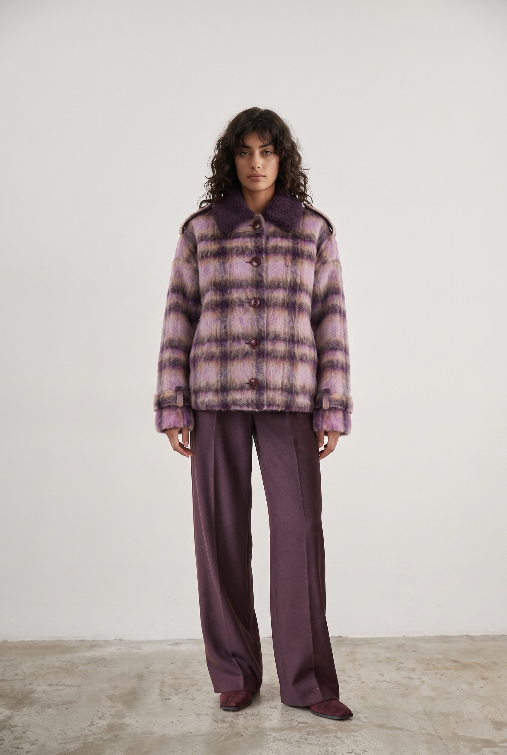 JACKIE COAT HEATHER - relaxed brushed check coat in caramel, violet and lilac with a bouclé collar and vintage brown buttons