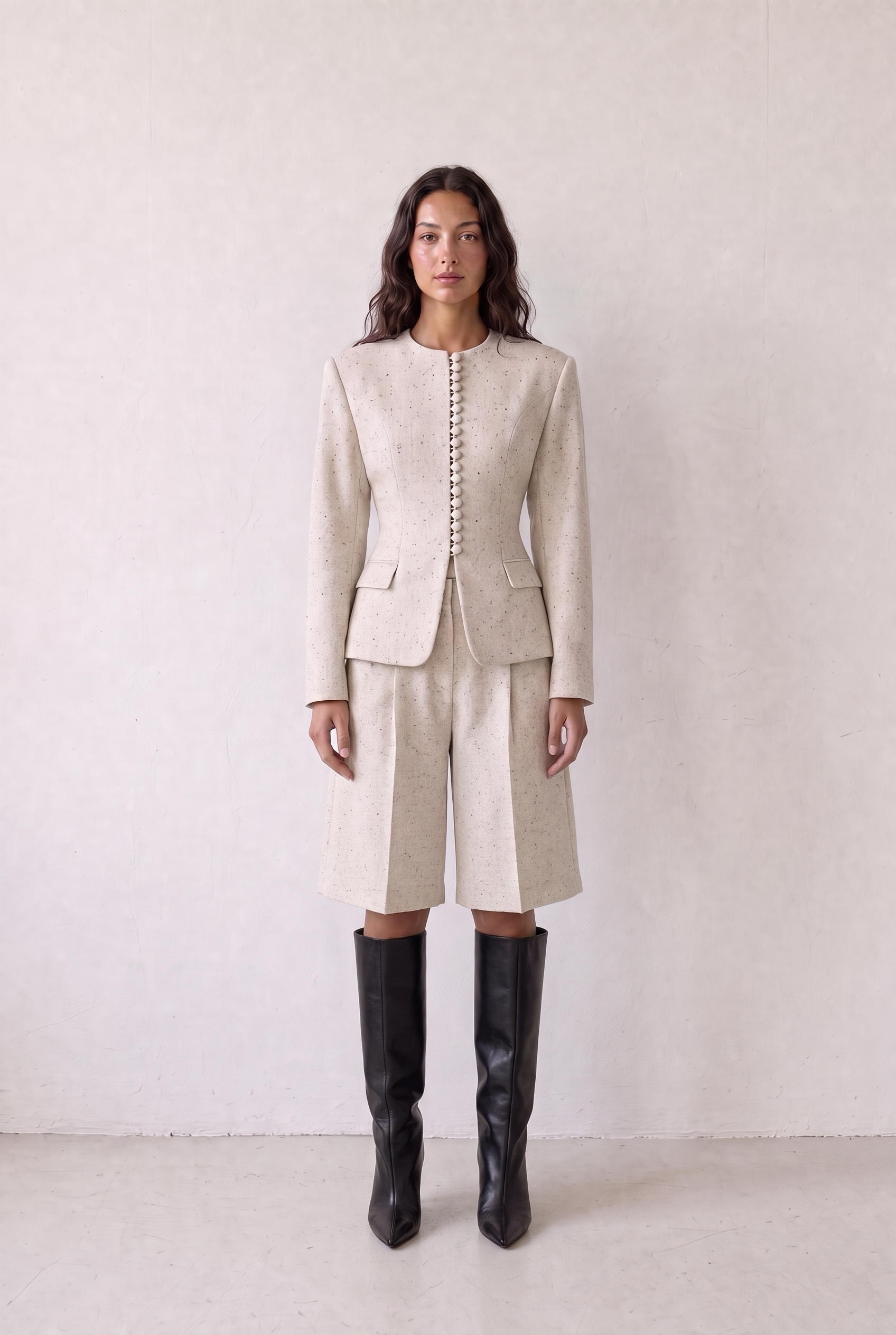 RUBAN BERMUDE CENDRE - cream flecked virgin wool bermuda shorts worn with the matching blazer