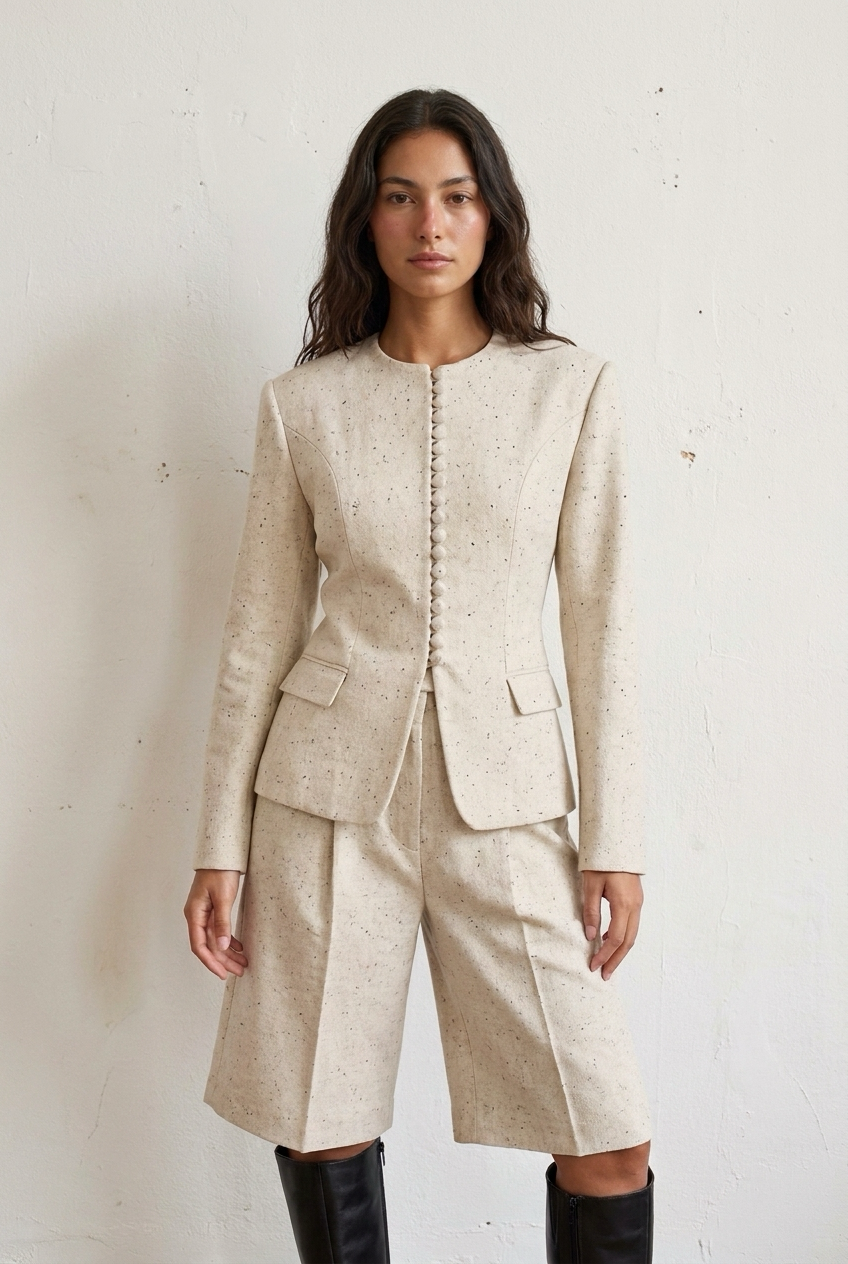 RUBAN BLAZER CENDRE - round collarless neckline and close row of self-covered buttons