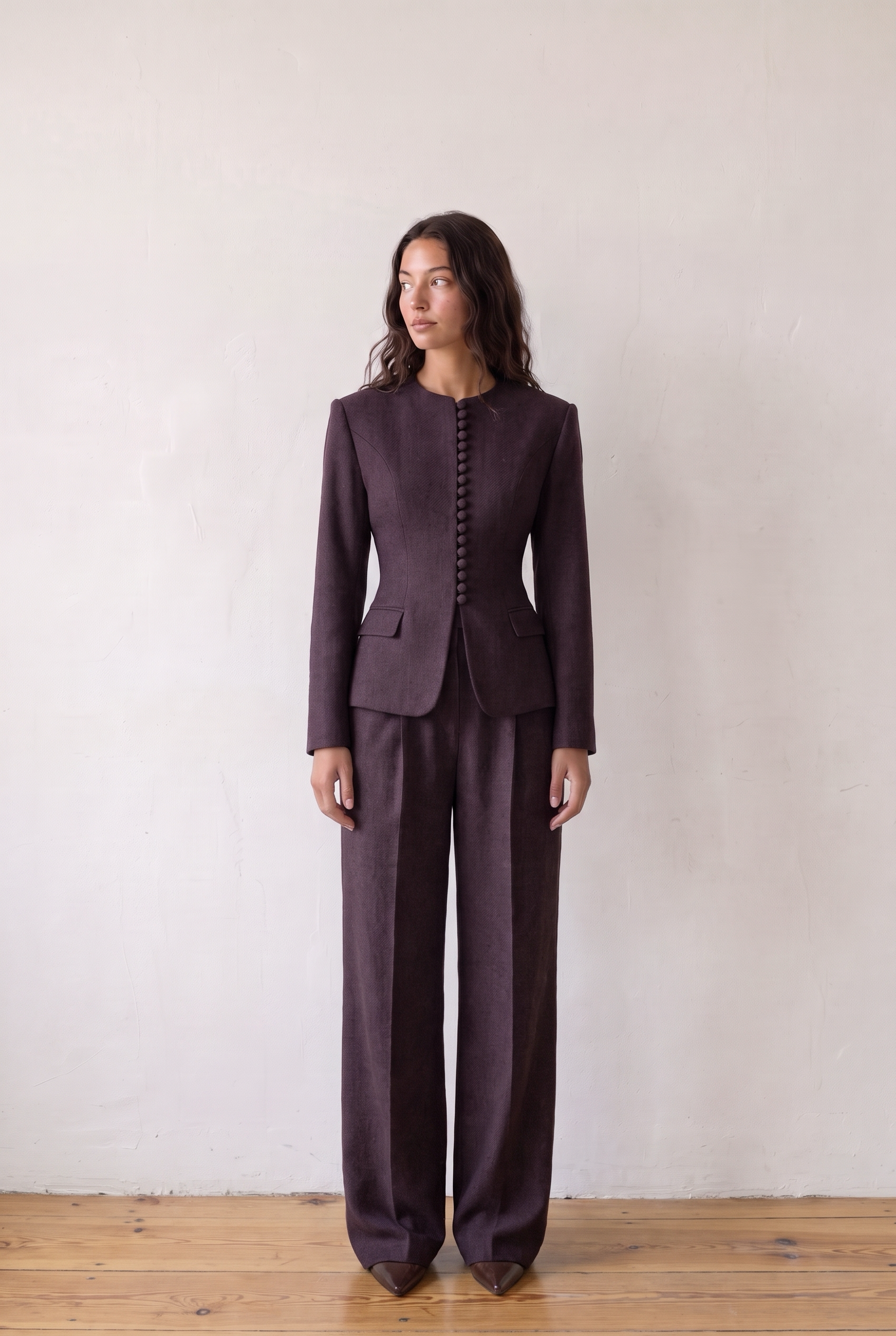 RUBAN BLAZER PRUNE - plum virgin wool fitted blazer worn with the matching wide-leg trousers