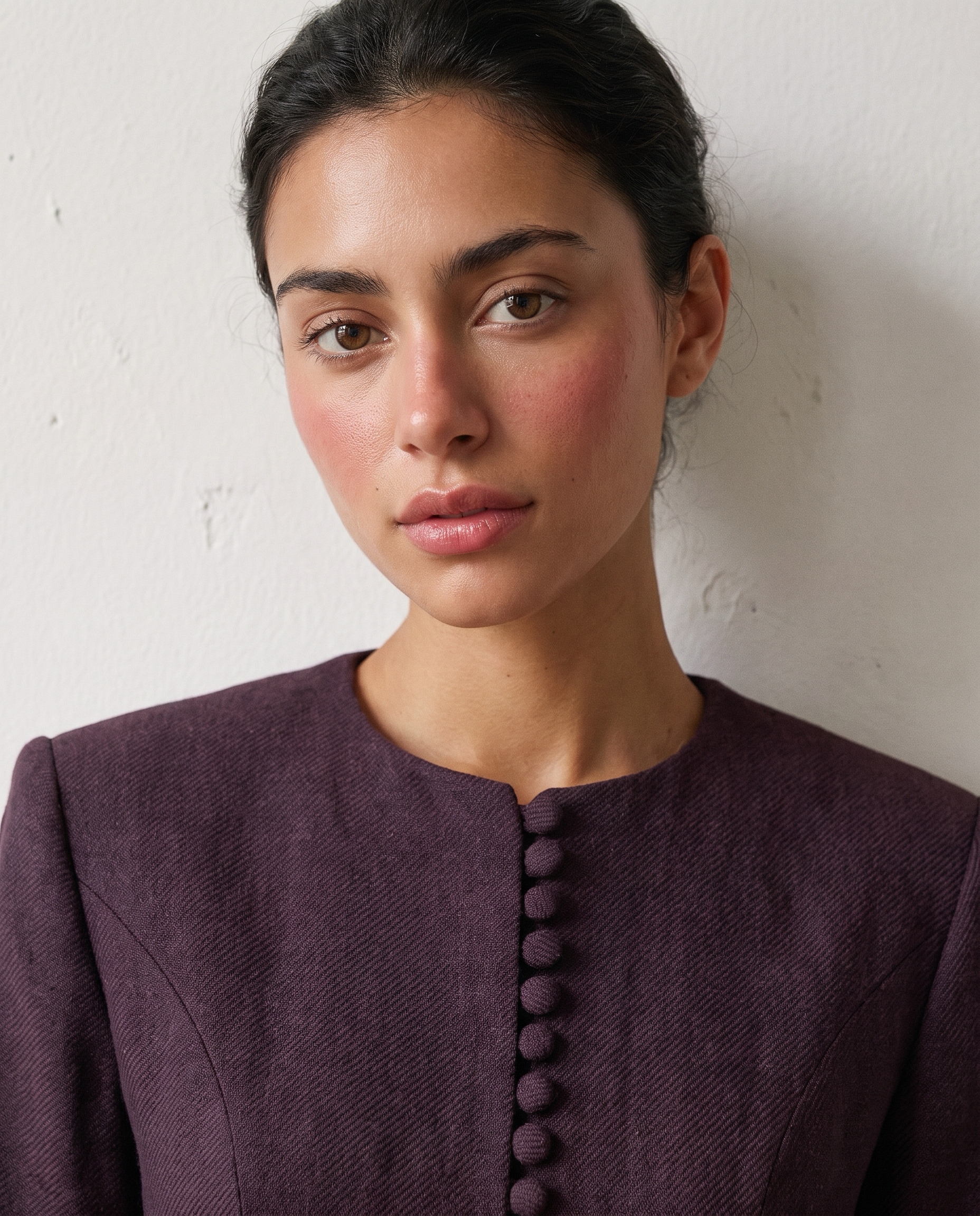 RUBAN BLAZER PRUNE - round collarless neckline and close row of self-covered buttons