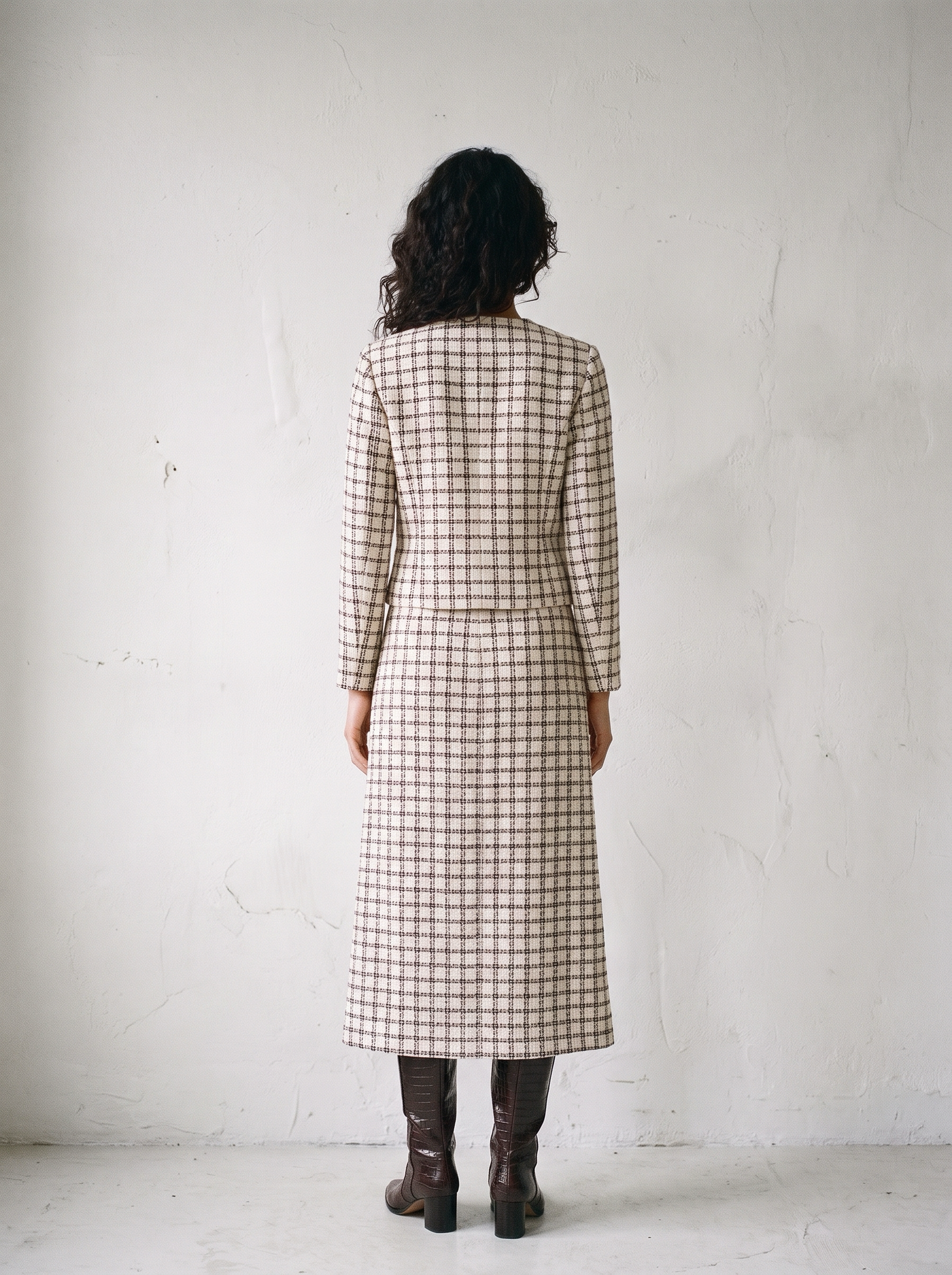 TISSAGE VEST ECRU - back view of the cropped boucle blazer
