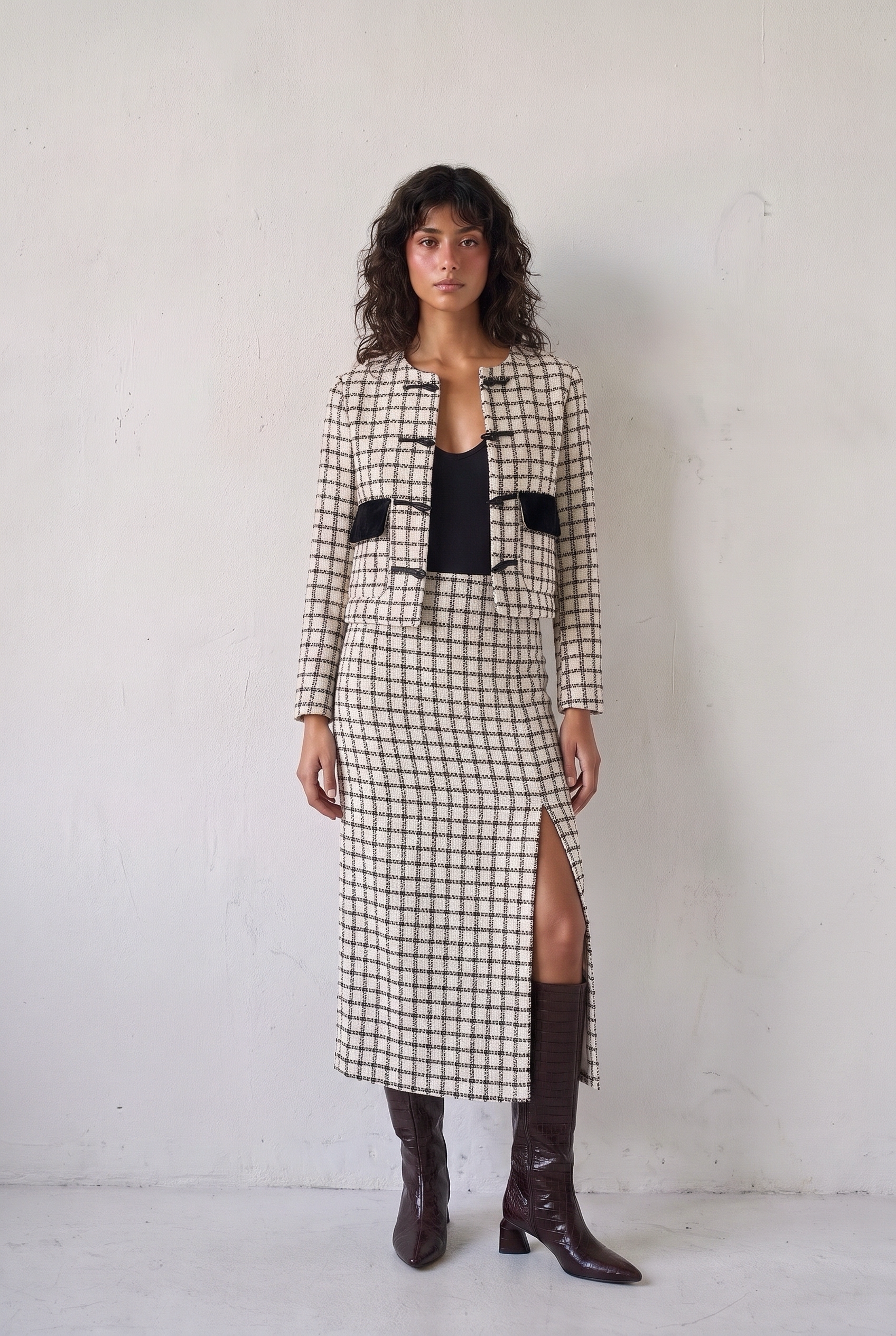 TISSAGE VEST ECRU - cream boucle blazer with navy check, side view