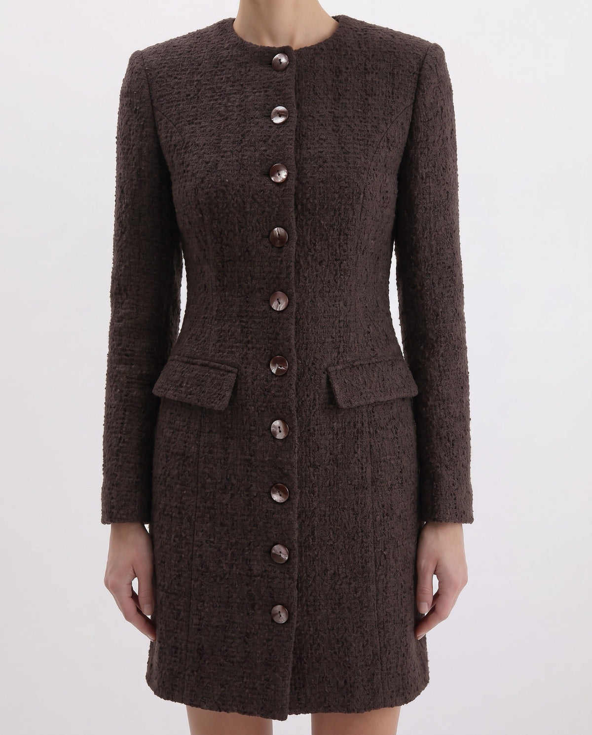 TISSAGE DRESS BRUN - front, row of covered buttons and flap pockets