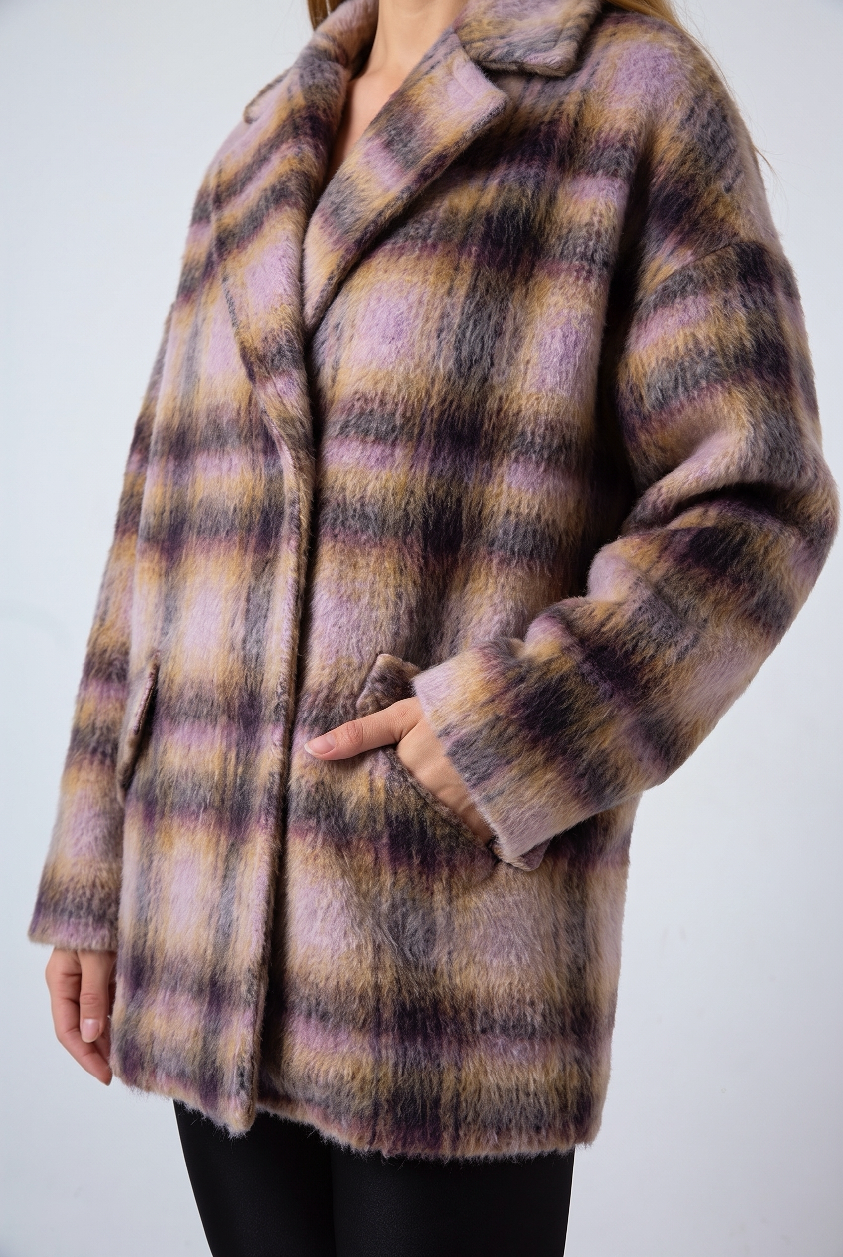BARBARA JACKET HEATHER - close view of the brushed alpaca and mohair check and the flap pocket