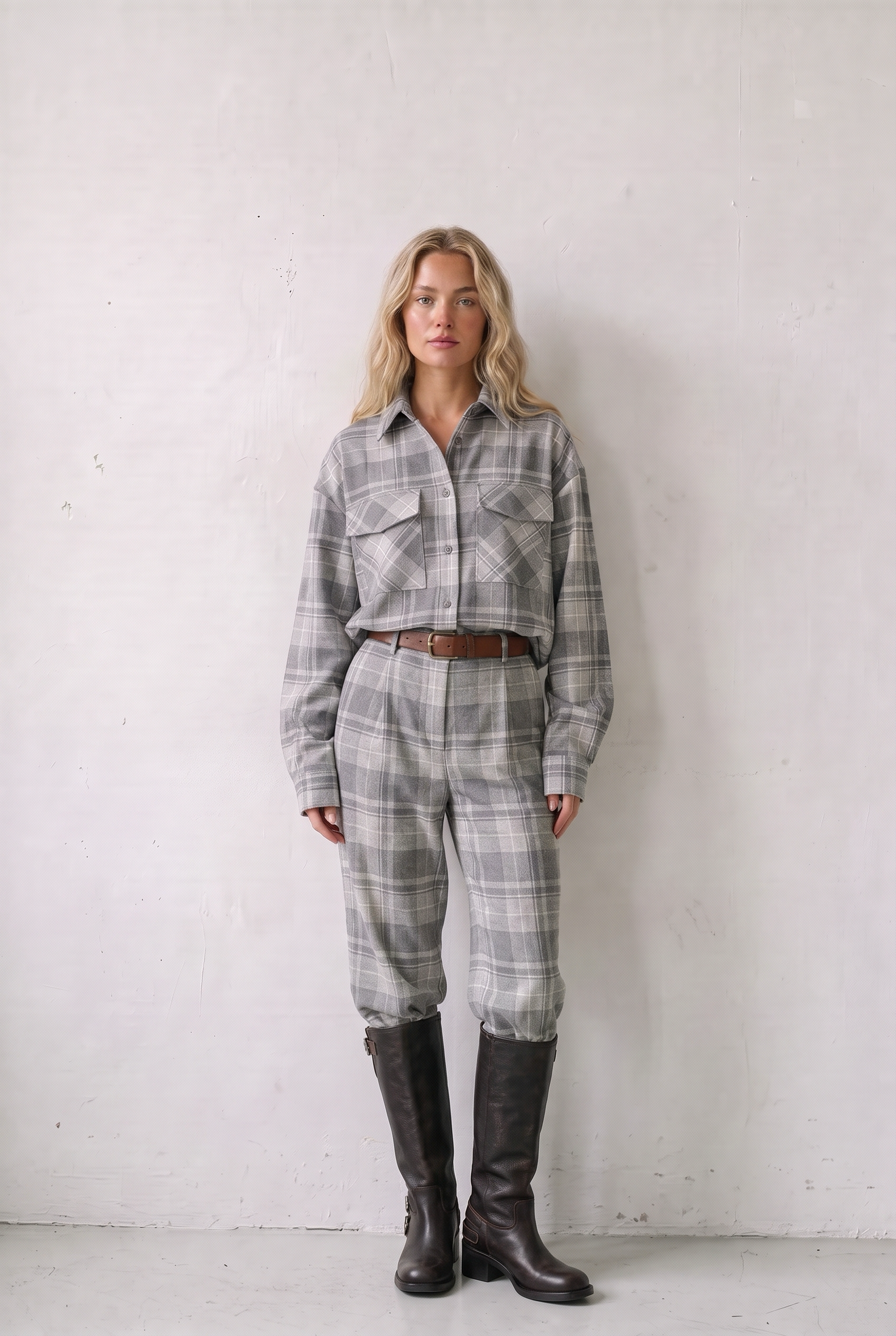 CASSADE TROUSERS TARTAN GRIS - grey wool check wide-leg trousers with a high rise