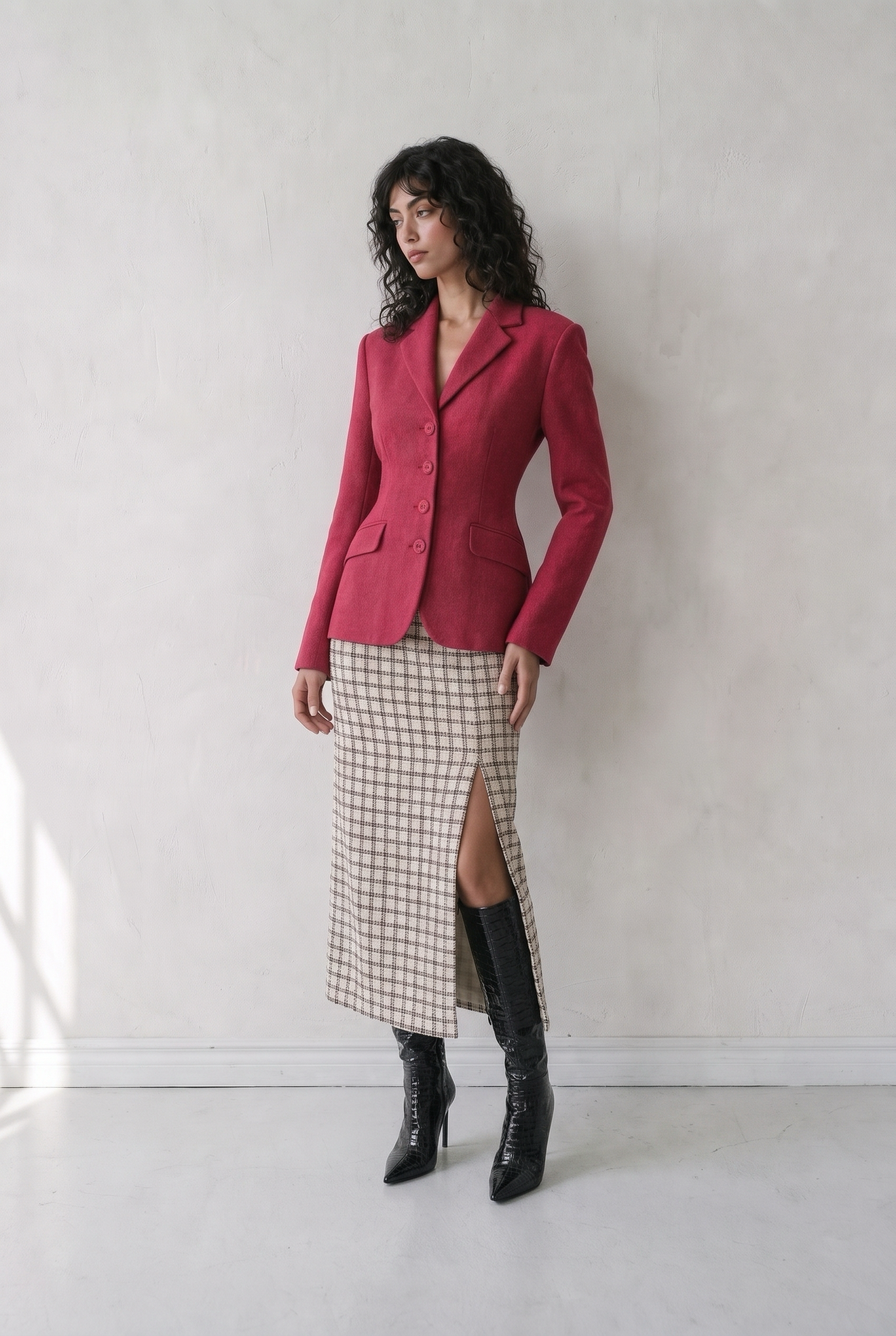CINTARE BLAZER FRAMBOISE - raspberry blazer worn with a check midi skirt