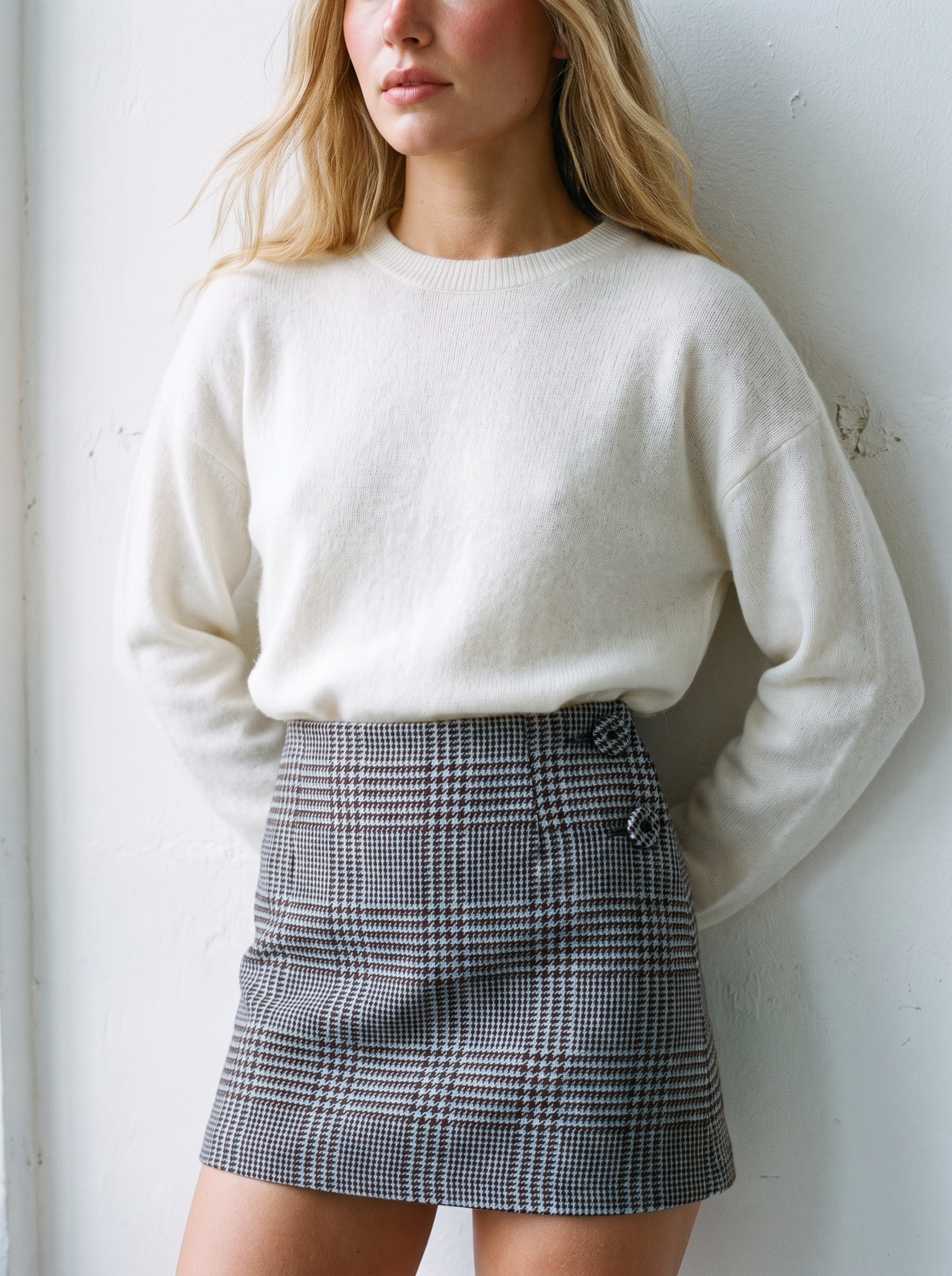 CINTARE SKIRT MINI GALLES - Prince of Wales check mini skirt with two fabric-covered buttons at the side