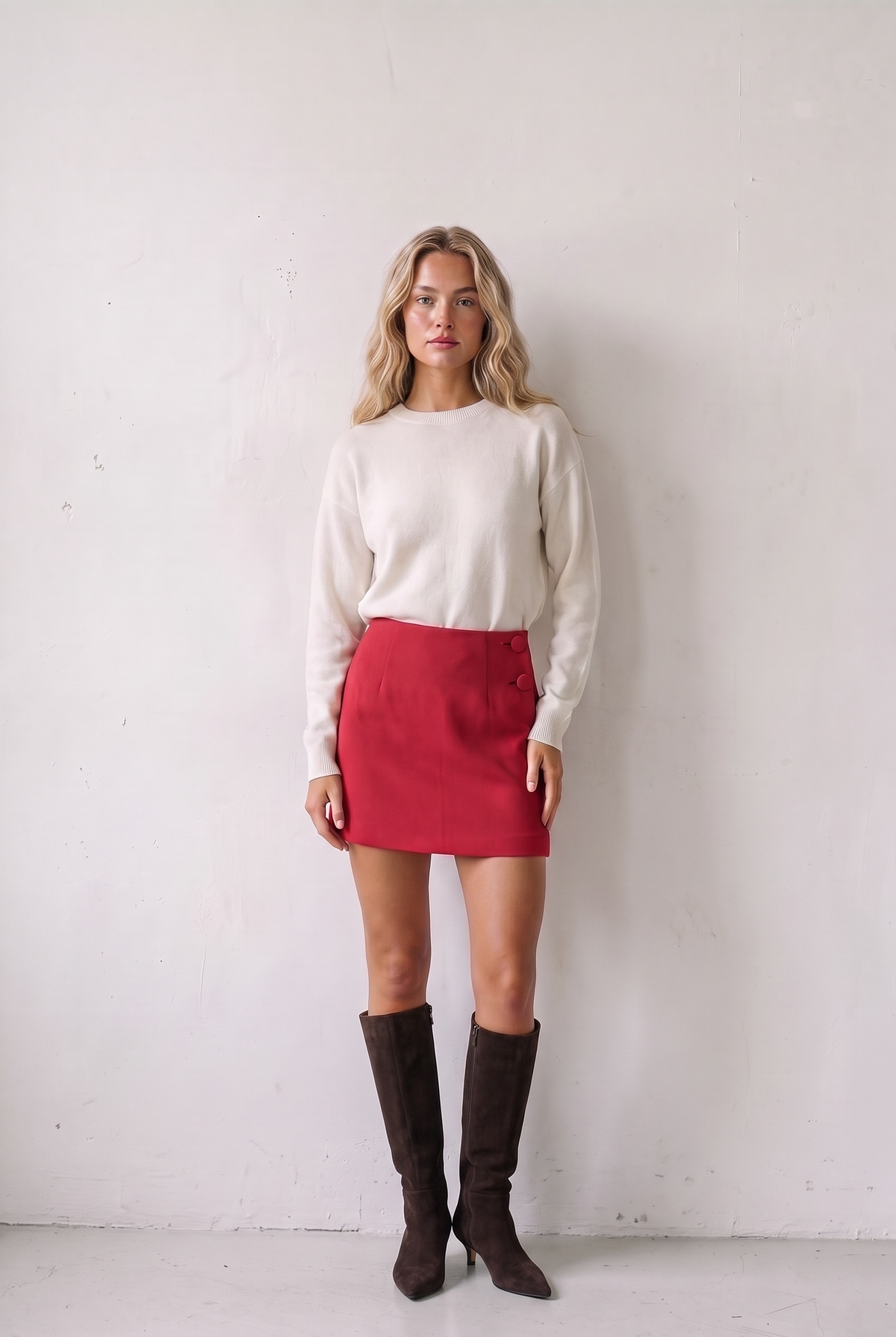 CINTARE SKIRT MINI RUBIS - red wool crepe mini skirt, high waist and A-line, worn from the front