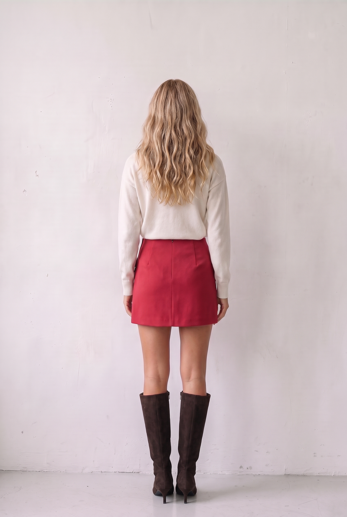 CINTARE SKIRT MINI RUBIS - red wool crepe mini skirt seen from the back