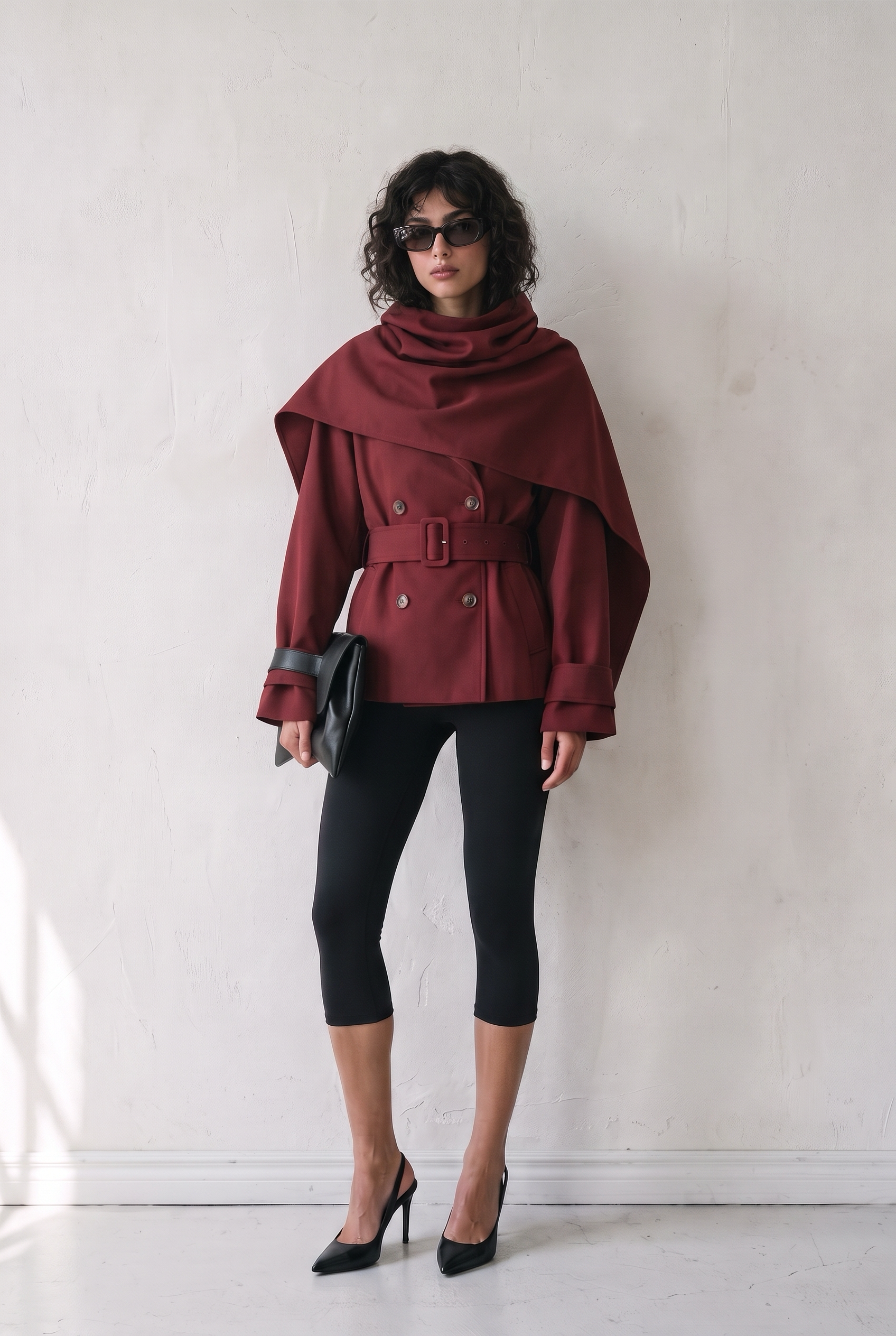 ÉCHARPE TRENCH JACKET BRAISE - worn with the button-on scarf draped over one shoulder