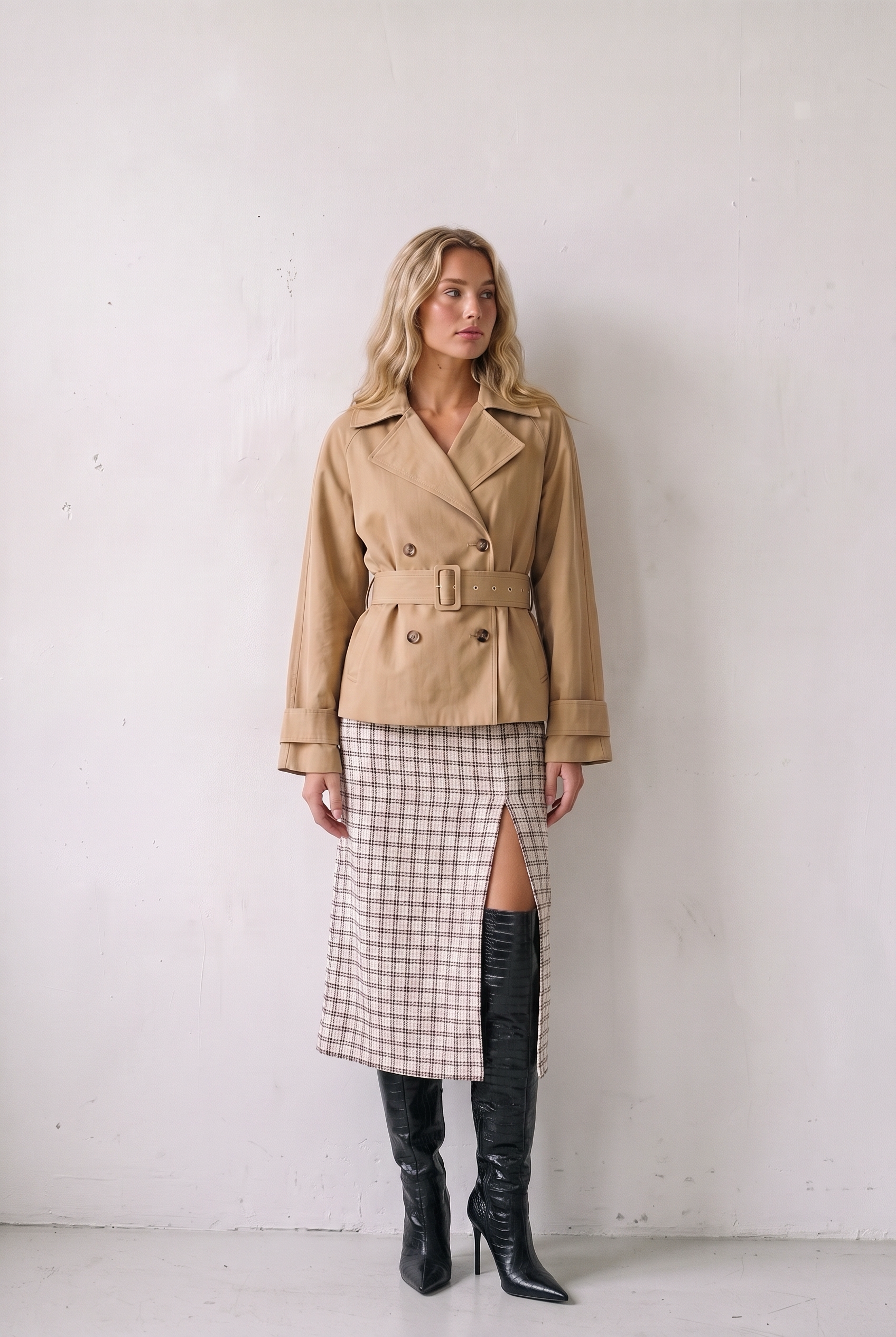 ECHARPE TRENCH JACKET CAMEL - worn with the button-on scarf high around the neck