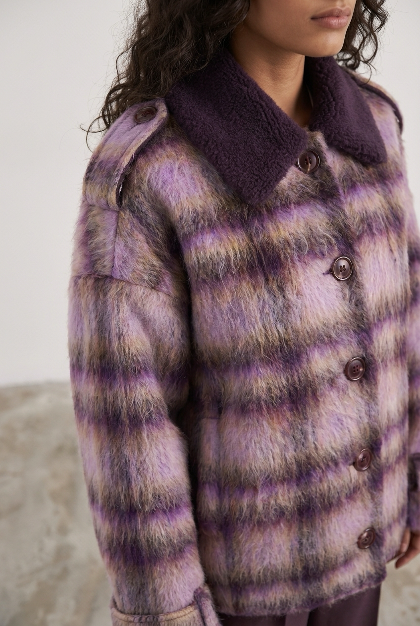 JACKIE COAT HEATHER - close-up of the virgin wool bouclé collar, epaulettes and vintage brown buttons