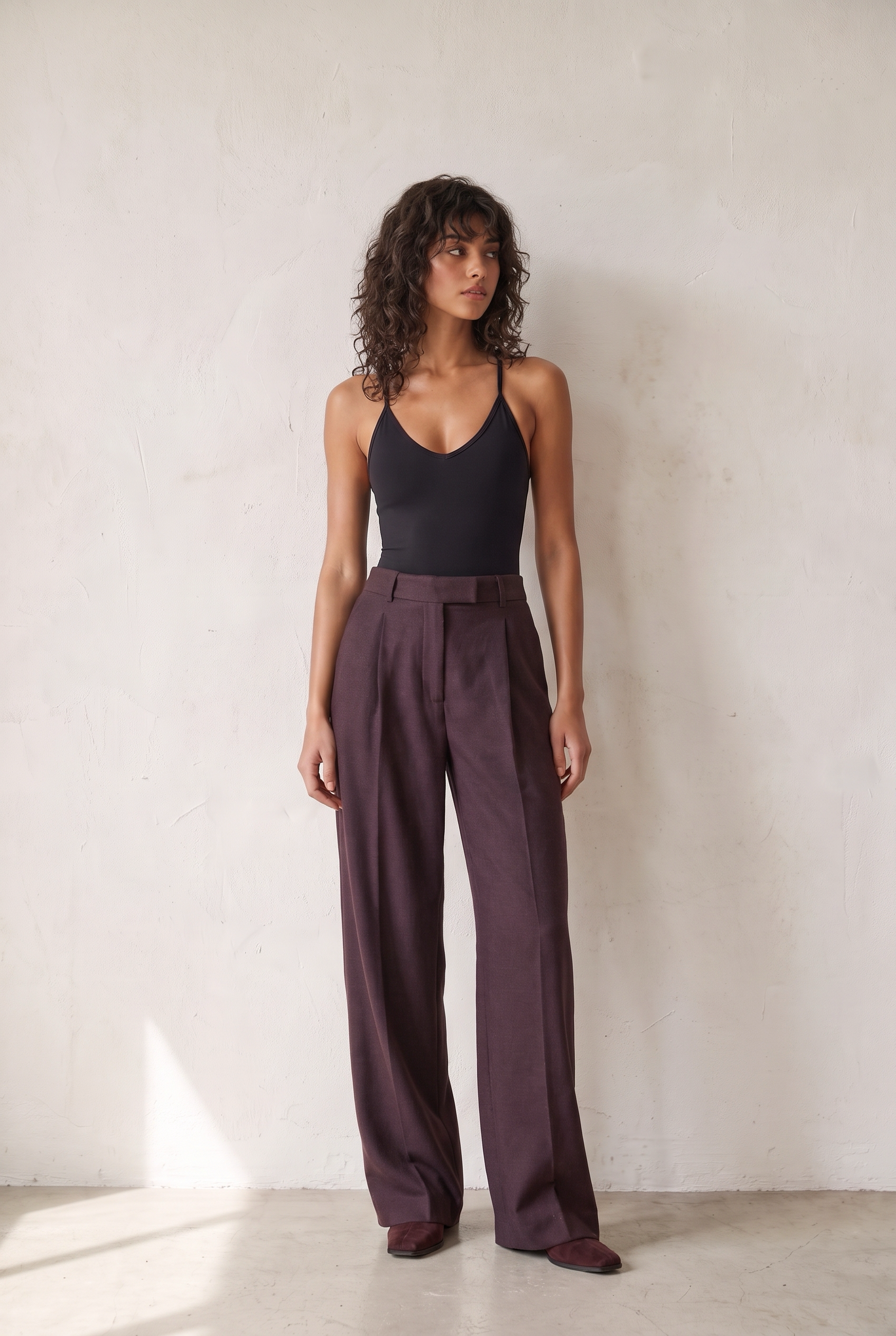 RUBAN TROUSERS PRUNE - plum virgin wool wide-leg trousers with a high rise