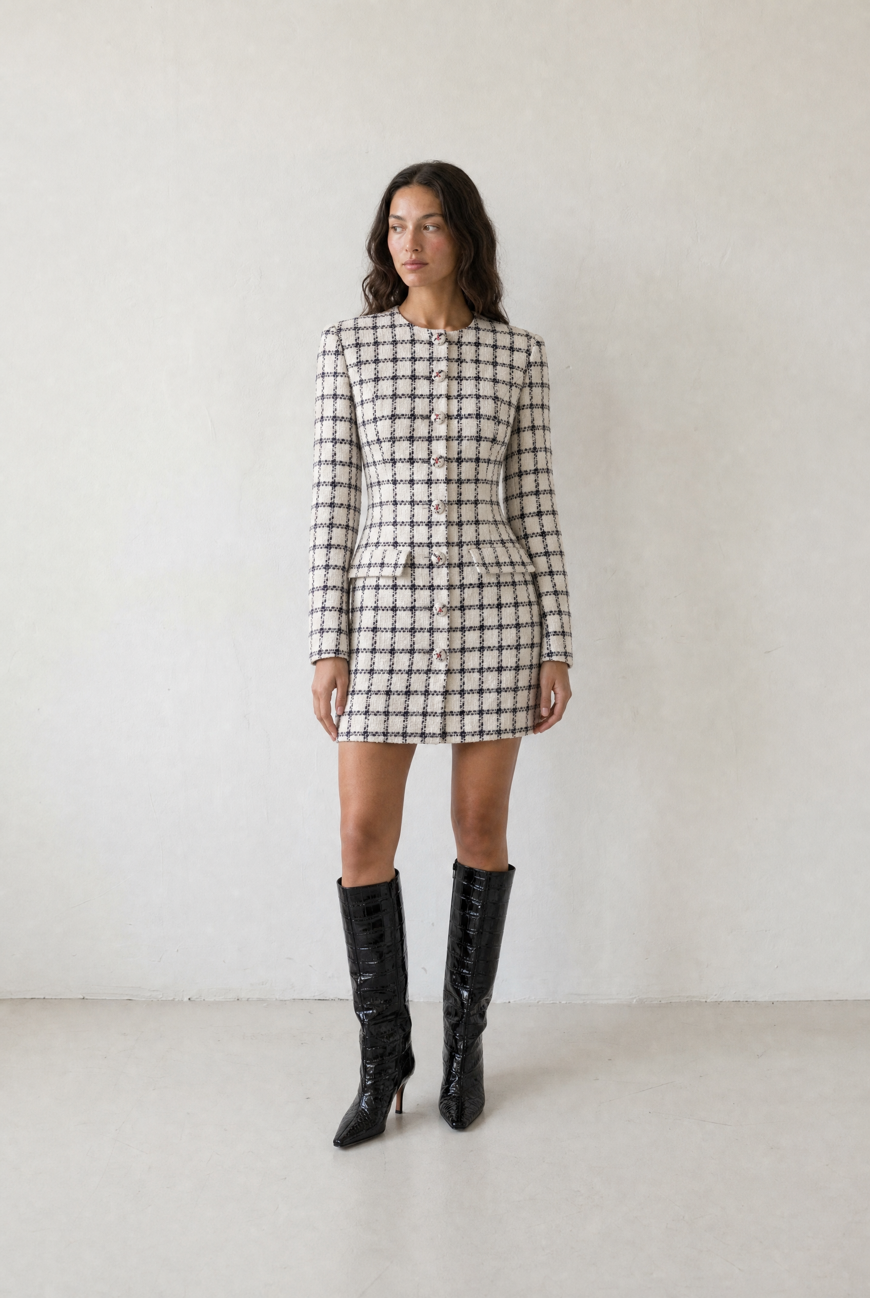 TISSAGE DRESS ECRU - cream boucle mini dress with navy check