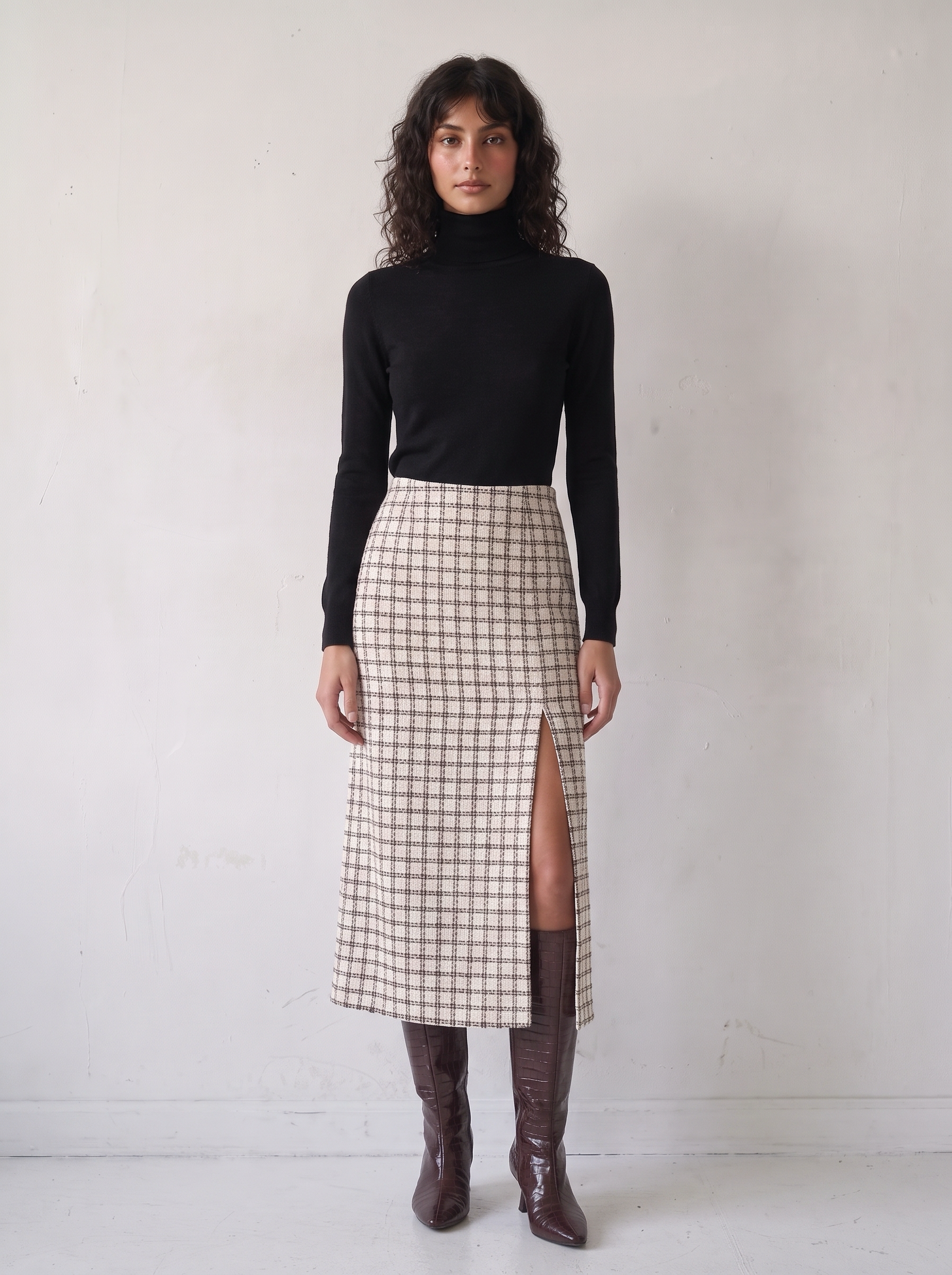TISSAGE SKIRT MIDI ECRU - cream boucle midi skirt with navy check and a front slit